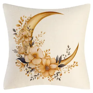 Bohemian linen throw pillowcase with golden crescent moon and floral print for home decor