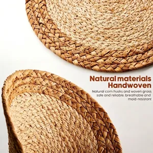Detailed close-up showing the intricate texture of handwoven natural corn husk mats.