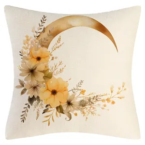 Linen throw pillow cover with golden crescent moon and floral watercolor design