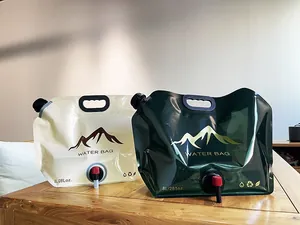 Detailed view of 8L portable foldable water bags in beige and dark green for camping
