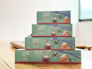 Set of four sizes BPA-free zipper slider food storage bags in retail display packaging