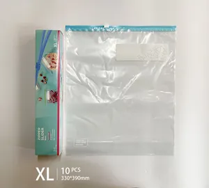Extra-large reusable food slider bags with 10-piece retail box packaging.