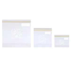 Three sizes of transparent food storage bags with leakproof zip seal and memo labels
