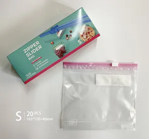 Macro detail of S-size food grade zipper slider storage bag and its teal packaging box