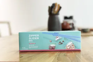 Detail view of M size food grade zipper slider storage bag packaging box with 20 pieces