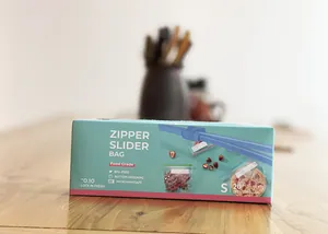 Detail view of small food storage slider bag packaging, 20 pieces, size 165x153mm