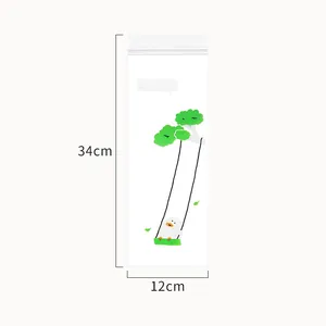 Elongated food storage bag with cartoon duck print, 34x12cm size indicator.