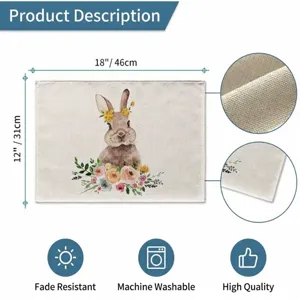 Detail view of floral rabbit linen placemat with dimensions and fabric texture details