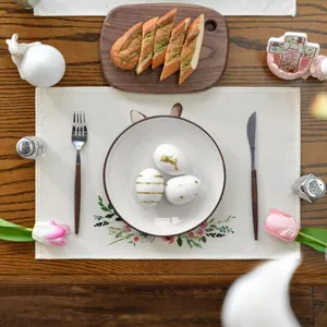 Linen kitchen placemat with floral bunny print for spring and Easter table decor