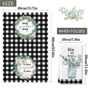Detailed size chart for microfiber kitchen hand towel with floral buffalo plaid design