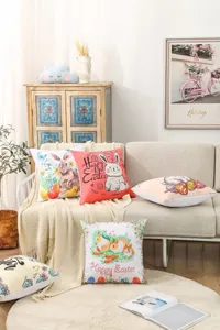 Collection of Easter cushion covers with bunny and egg prints in a cozy room