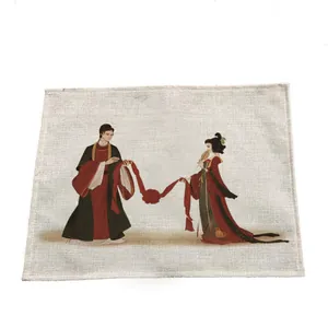 Tovaglietta rettangolare in lino con illustrazione di matrimonio tradizionale cinese per la tavola