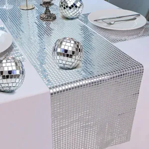Runner da Tavolo Disco Mirror Grid Riflettente Paillette Mosaico Tovaglia per Matrimonio Festa Compleanno Evento Decorazione Poliestere Brillante