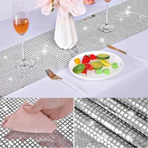 Elegante runner da tavola disco con specchi quadrati argento per decorazioni nuziali