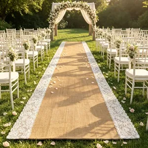 Camino de Mesa de Yute y Encaje Alfombra Decorativa para Pasillo de Boda Decoración de Fiesta al Aire Libre Estilo Rústico Vintage