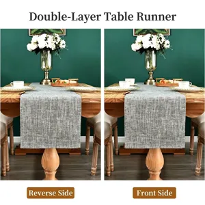 Grey linen double-layer table runner on a wooden dining table