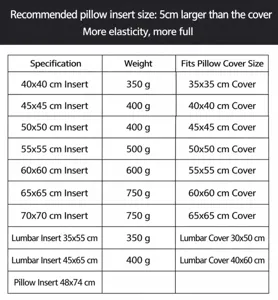 Size guide for cushion inserts showing weight and matching pillowcase dimensions