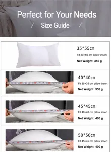 Size guide for white pillow inserts showing dimensions and recommended cover fit