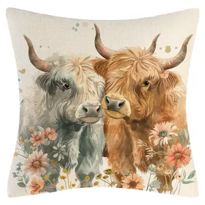 Funda de cojín decorativa de lino con diseño de vaca de las tierras altas y flores