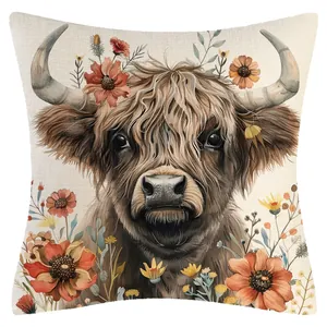 Funda de cojín decorativa con estampado de vaca de las Tierras Altas y flores suaves