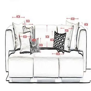 Detailed technical diagram showing precise dimensions of decorative pillows on a white sofa.