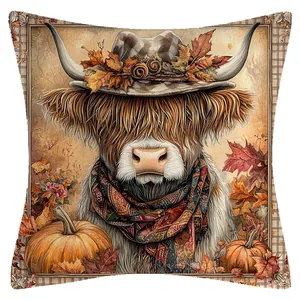 Autumn highland cow pillow case with pumpkin decoration