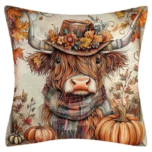 Autumn Highland cow pillowcase featuring pumpkin and floral design on linen fabric