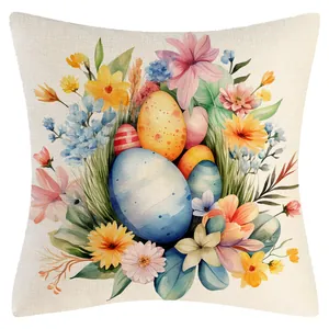 Easter throw pillow cover with watercolor egg and spring flower prints on linen texture
