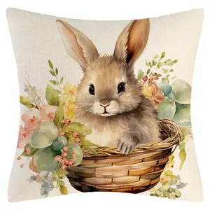 Osterkissenbezug mit Aquarell-Hase und Blumenkorb-Design für das Sofa