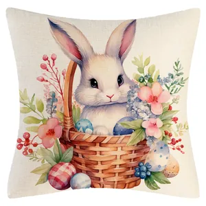 Easter bunny throw pillow cover featuring watercolor rabbit and colorful eggs print