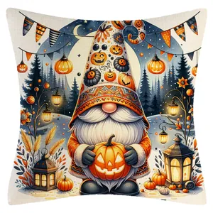 Halloween gnome pumpkin decorative linen pillowcase with festive lantern and moon scene