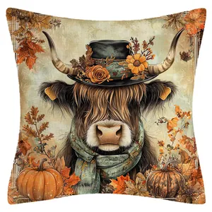 Autumn Highland cow throw pillow cover with floral hat and pumpkins design