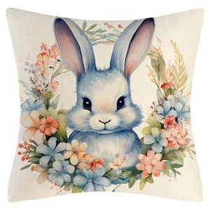 Easter bunny throw pillow cover with watercolor floral wreath printed on linen fabric