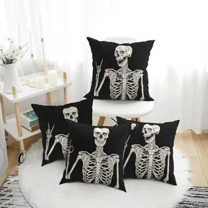 Housses de Coussin d'Halloween Squelette Tête de Mort Décoratives Noir Blanc Maison Canapé Coussin pour Décoration de Fête