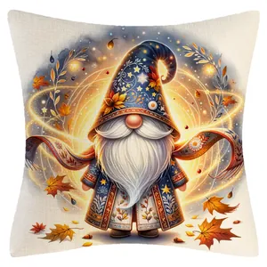 Autumn gnome wizard throw pillow case with maple leaves and stars print on linen fabric