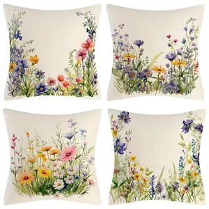 4er-Set elegante Kissenbezüge mit Frühlingsblumen-Druck für Wohnzimmer und Sofa-Dekoration