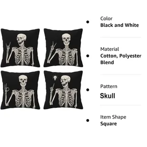 Lot de 4 housses de coussin Halloween tête de mort en mélange de coton noir et blanc