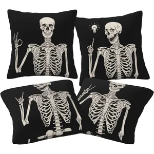 Lot de 4 housses de coussin squelette d'Halloween noir et blanc