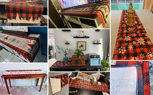 Collage que muestra varias escenas del camino de mesa navideño a cuadros rojos y negros