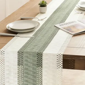Close-up of woven linen table runner with green stripe and lace texture details