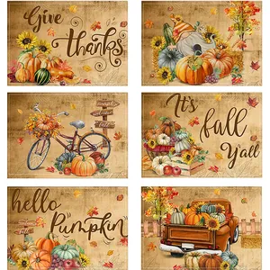 Set di 6 tovagliette rustiche in lino per il Ringraziamento con motivi di zucca e girasoli