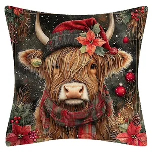 Funda de cojín navideña con diseño de vaca Highland, gorro rojo y flores de pascua