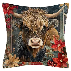 Funda de cojín de Navidad en lino con estampado de vaca escocesa y flor de pascua