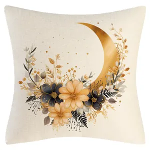 Ethnic golden moon and floral watercolor print on linen texture square cushion cover