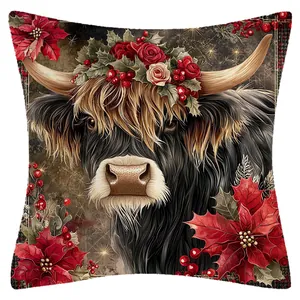 Funda de cojín de lino con vaca de las tierras altas de Navidad y estampado floral