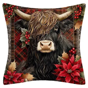 Funda de cojín navideña festiva con diseño de vaca de las tierras altas, acebo y flor de pascua