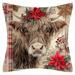Weihnachtlicher Kissenbezug mit Hochlandrind-Print aus Leinen für Sofa Dekoration