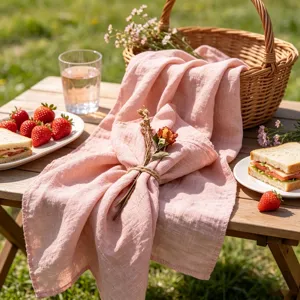 Nahaufnahme der rosa Stoffserviette aus Baumwolle mit Kordel für die Picknickdeko