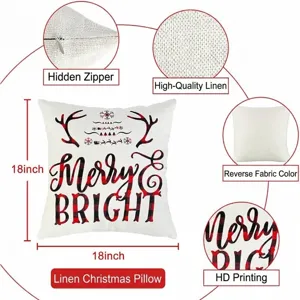 18x18 Weihnachts Kissenbezug aus Leinen mit Merry & Bright Aufdruck und Details