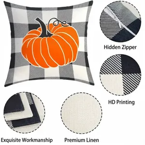 Halloween linen throw pillow cover with buffalo plaid pattern and orange pumpkin